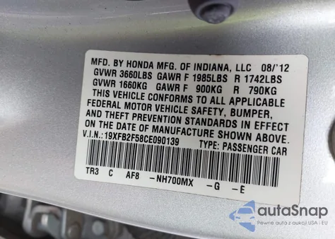 2012 Honda Civic Lx z USA, uszkodzony, nr VIN 19XFB2F58CE090139